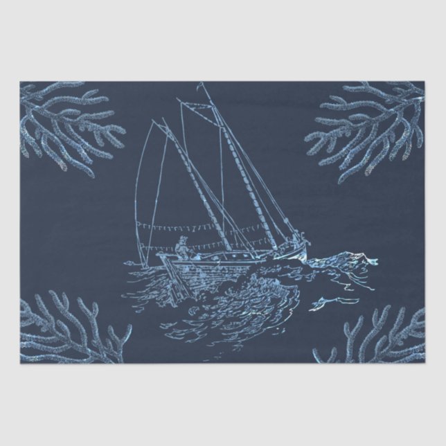 Fisherman Sailing Boat Corals on Navy Blue Seidenpapier (Vorderseite)