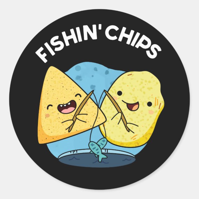 Fishin Chips Funny Food Pub Dark BG Runder Aufkleber (Vorderseite)