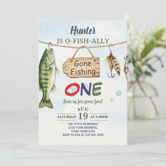 Fishing 1st Birthday O-Fish-Ally One Birthday Einladung (Stehend Vorderseite)