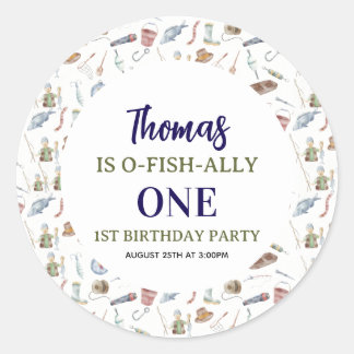 Fishing 1st Birthday | O-Fish-Ally One party Runder Aufkleber
