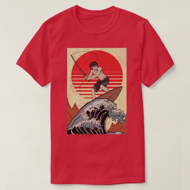 Fishing Anime Boy Surfing on Great Wave Off Kanaga T-Shirt (Design vorne)