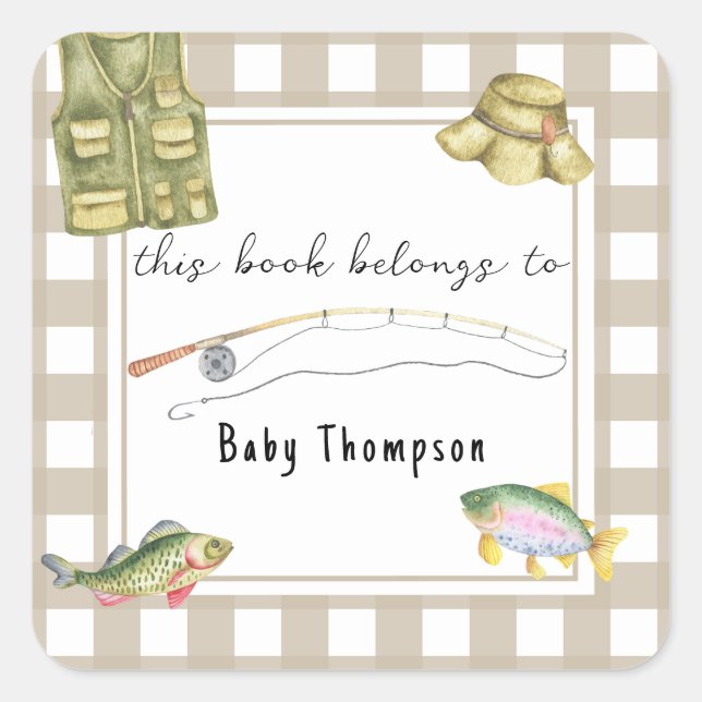 Fishing Baby Shower - dieses Buch gehört Quadratischer Aufkleber (Vorderseite)