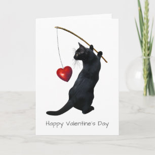 Fishing Black Cat with a Red Heart Card Feiertagskarte