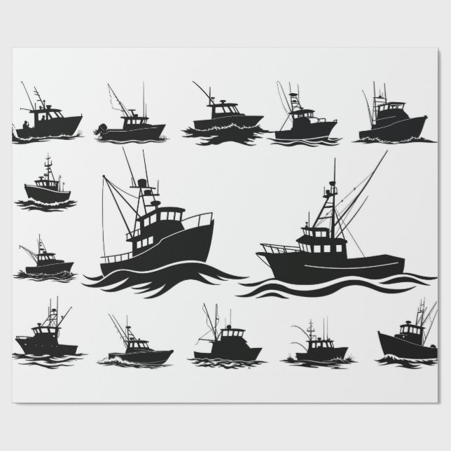 Fishing Boat Silhouette Pattern Wrapping Paper Geschenkpapier (Flach)