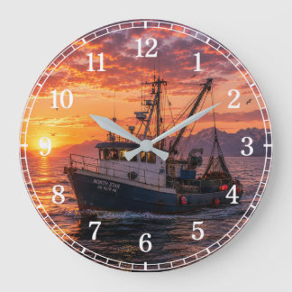 Fishing Boat Wall Clock — Coastal Landscape Design Große Wanduhr