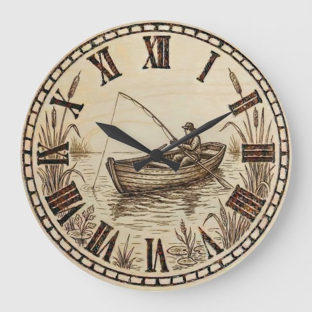 Fishing Boat Wall Clock – Wood-Burned Style Große Wanduhr (Vorderseite)
