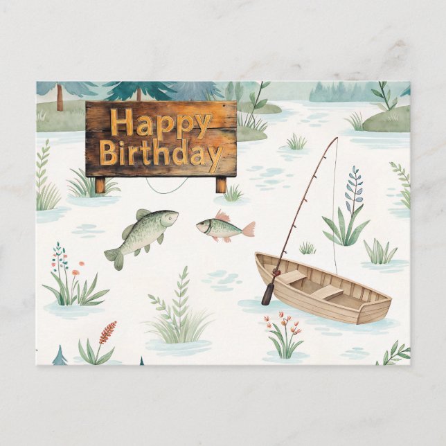 Fishing Happy Birthday Thema für Angler Postkarte (Vorderseite)