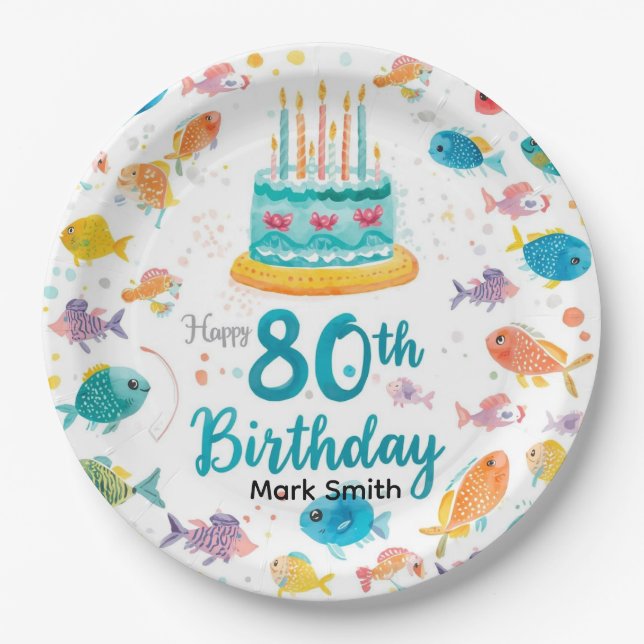 Fishing Lover 80th Birthday Watercolor  Pappteller (Vorderseite)