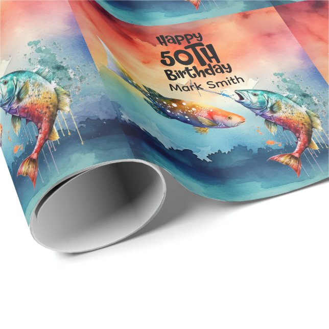 Fishing lovers 50th  birthday Fish   watercolor   Geschenkpapier (Rolleneckpunkt)