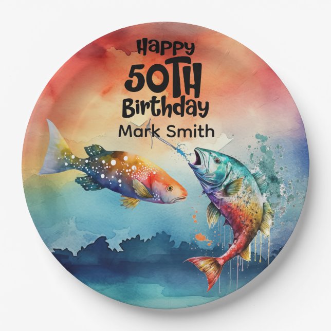 Fishing lovers 50th  birthday Fish   watercolor   Pappteller (Vorderseite)