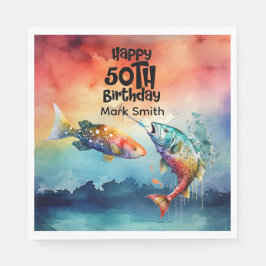Fishing lovers 50th  birthday Fish   watercolor   Serviette