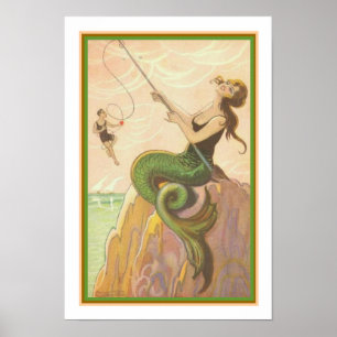 "Fishing Mermaid" Art Deco Print ca. 1928 Poster