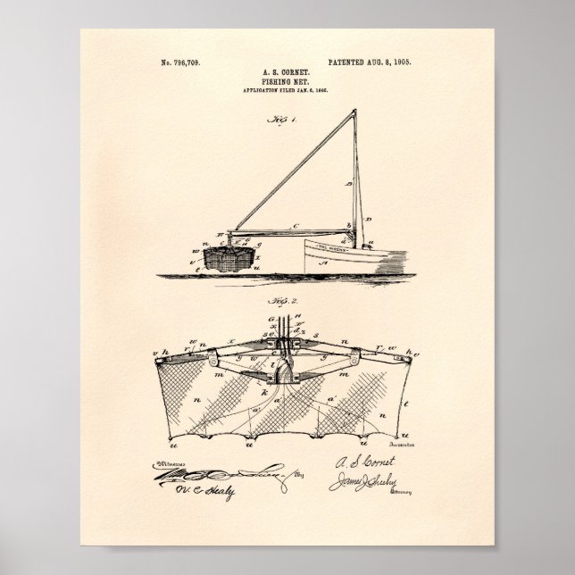 Fishing Net 1905 Patent Art Old Peper Poster (Vorne)
