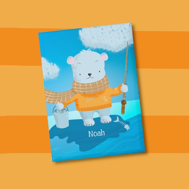 Fishing Polar Bear Kid Pin Button with Name (Fishing brown bear kid blue rectangular button with name .)