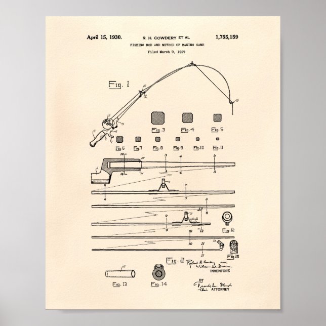 Fishing Rod 1930 Patent Art Old Peper Poster (Vorne)