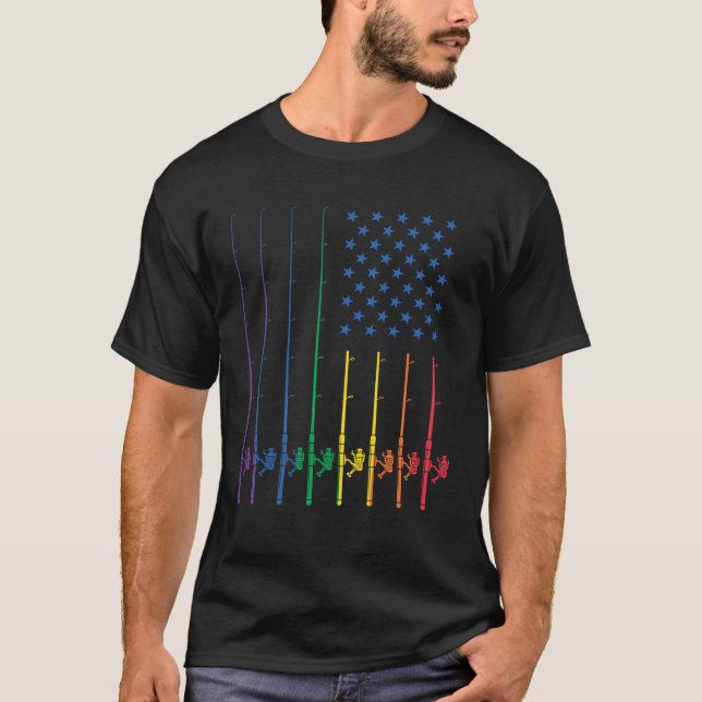 Fishing Spinning Rod LGBT Rainbow Pride USA Americ T-Shirt (Vorderseite)