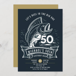 Fishing Theme Big Bass Reel Navy Männer 50. Geburt Einladung