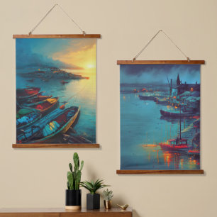 Fishing Village Hanging Tapestry Wandteppich Mit Holzrahmen