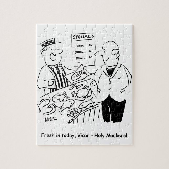 Fishmonger bietet Vicar Holy Mackerel Cartoon Puzzle (Vertikal)
