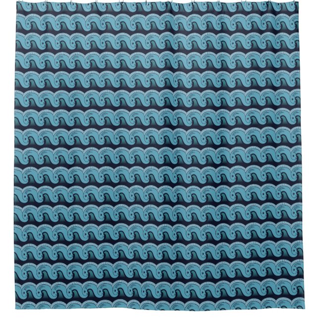 Fishy Waves Blue Pattern Duschvorhang (Vorderseite)