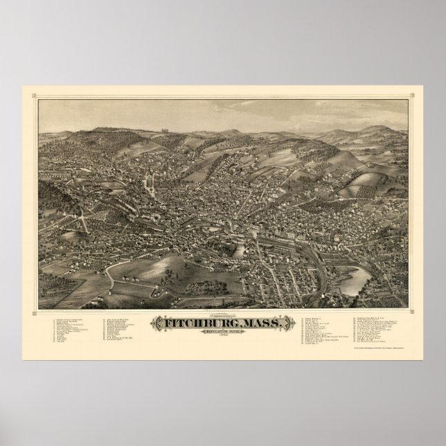 Fitchburg, MA Panorama Karte - 1882 Poster (Vorne)