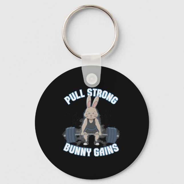 Fitness Bunny Bodybuilder Pull Strong Bunny Gains Schlüsselanhänger (Vorderseite)