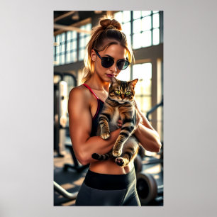 Fitness Girl&Cat in Gym. Workout-Motivation für Fr Poster