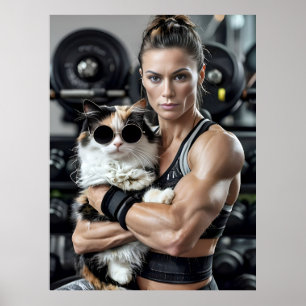 Fitness Girl&Cat in Gym. Workout-Motivation für Fr Poster