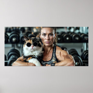 Fitness Girl&Cat in Gym. Workout-Motivation für Fr Poster