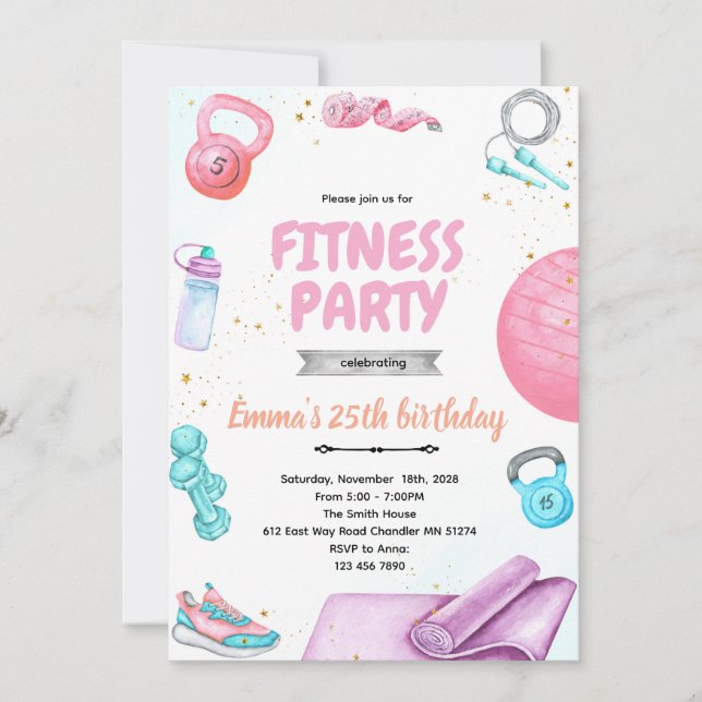 Fitness gymnastic party theme invitation einladung (Vorderseite)