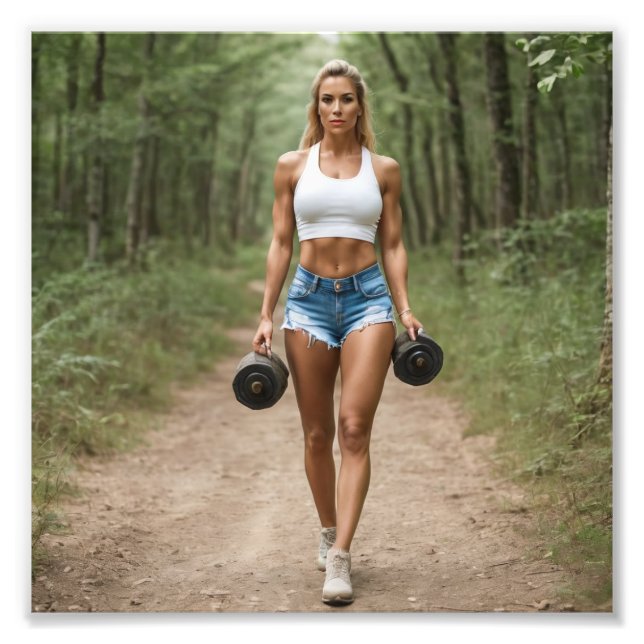 Fitness Mädchen, die im Wald Gewicht tragen Fotodruck (Vorne)