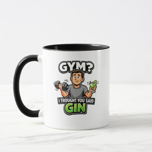 Fitnessstudio oder Gin Lustiger Cartoon-Workout-Hu Tasse (Links)