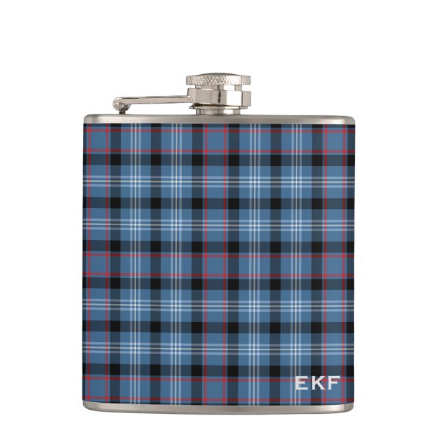 Fitzgerald Tartan Monogram Blue und Black Kariert Flachmann (Vorderseite)