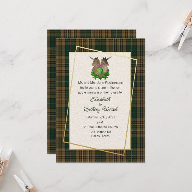 Fitzsimmons Clan Scottish Symbols Wedding Einladung (Vorderseite/Rückseite Beispiel)