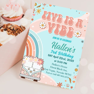 Five a Vibe Groovy Retro Rainbow 5. Geburtstag Einladung