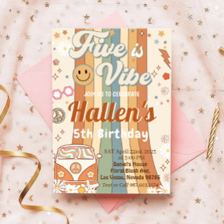Five a Vibe Groovy Retro Rainbow 5. Geburtstag Einladung