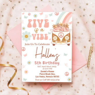 Five a Vibe Groovy Retro Rainbow 5. Geburtstag Einladung