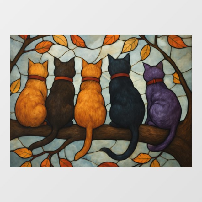 Five Cats on a Tree Branch Stained Glass Style Fensteraufkleber (Blatt)