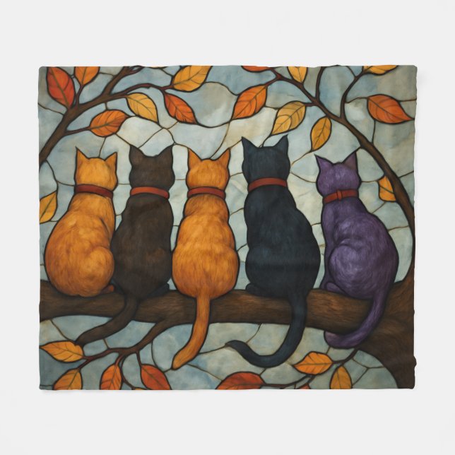 Five Cats on a Tree Branch Stained Glass Style Fleecedecke (Vorderseite (Horizontal))