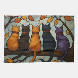 Five Cats on a Tree Branch Stained Glass Style Geschirrtuch