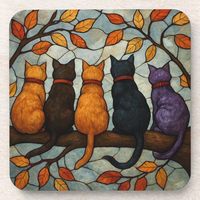 Five Cats on a Tree Branch Stained Glass Style Getränkeuntersetzer (Vorderseite)