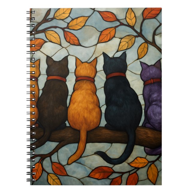 Five Cats on a Tree Branch Stained Glass Style Notizblock (Vorderseite)