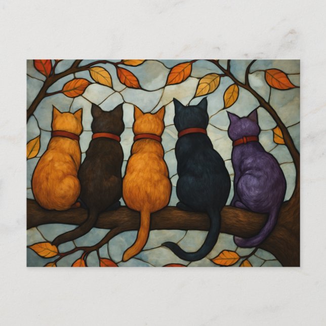 Five Cats on a Tree Branch Stained Glass Style Postkarte (Vorderseite)