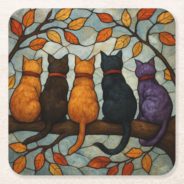Five Cats on a Tree Branch Stained Glass Style Rechteckiger Pappuntersetzer (Vorderseite)
