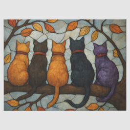 Five Cats on a Tree Branch Stained Glass Style Seidenpapier