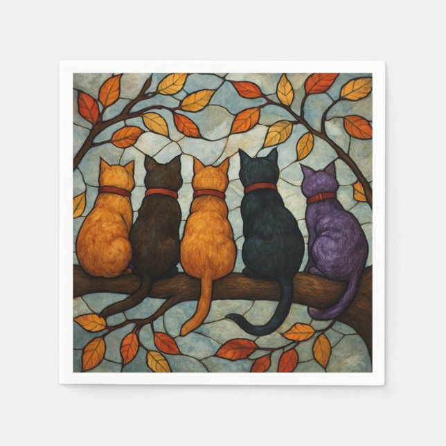 Five Cats on a Tree Branch Stained Glass Style Serviette (Vorderseite)