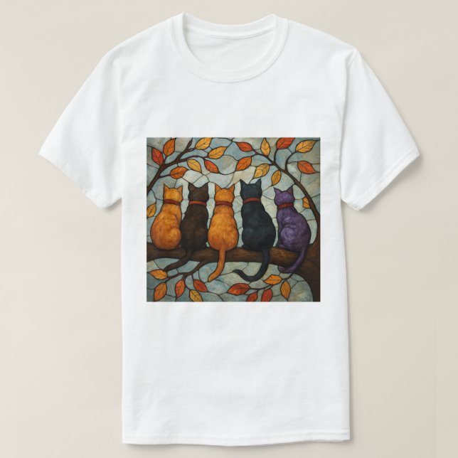 Five Cats on a Tree Branch Stained Glass Style T-Shirt (Design vorne)