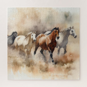 "Five Galloping Mustangs" Dusty Western Watercolou Puzzle