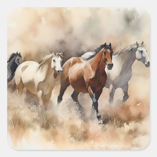 "Five Galloping Mustangs" Dusty Western Watercolou Quadratischer Aufkleber (Vorderseite)