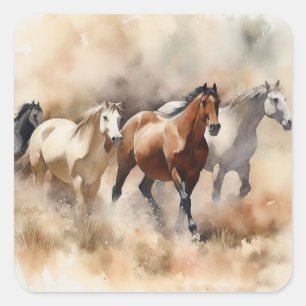 "Five Galloping Mustangs" Dusty Western Watercolou Quadratischer Aufkleber